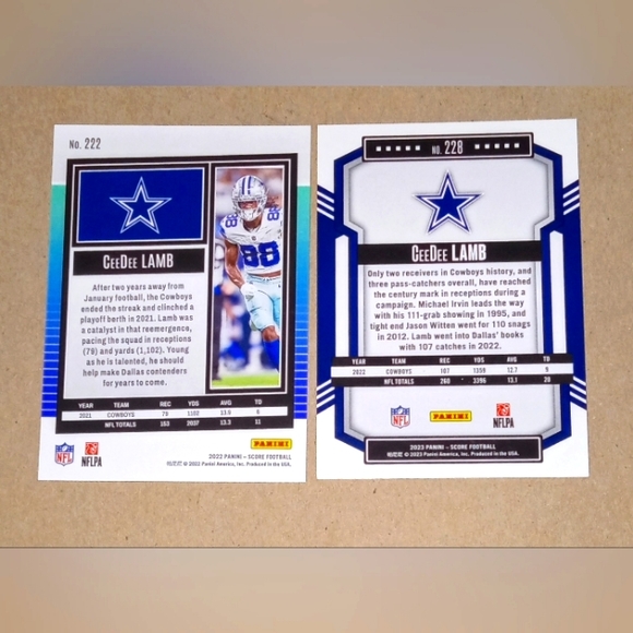 CeeDee Lamb 2022 Panini Score Football #222 + 2023 Score Football #228 - Picture 2 of 2